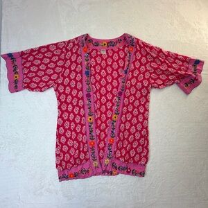 Mitra Handwork Embroidered Boho Kimono Jacket Pink Block Print Artisan Top OS